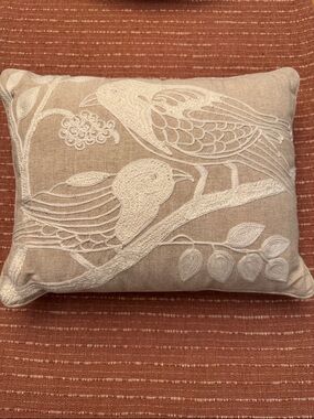 Embroidered Bird Cotton Accent Pillow in Beige